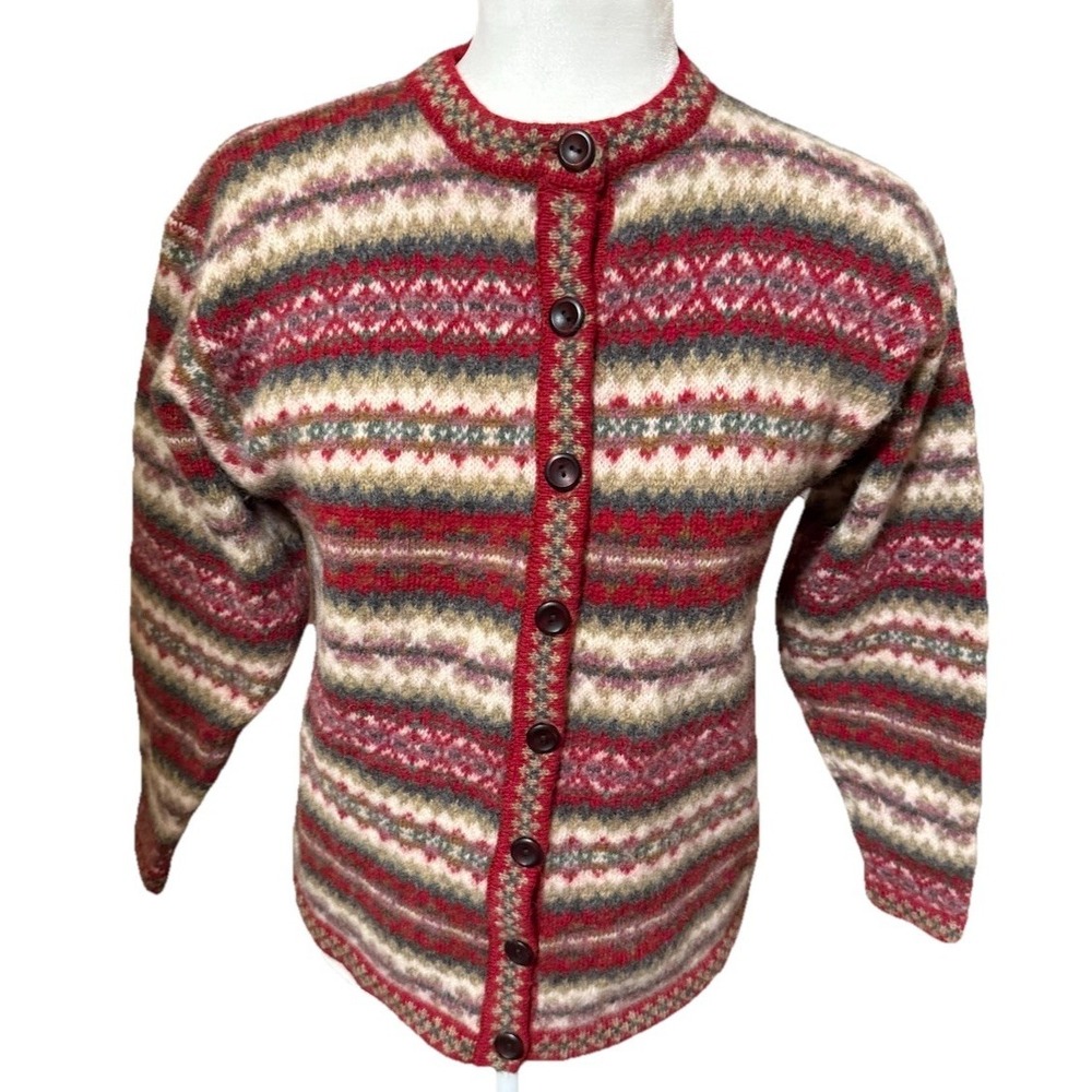 Vintage Crystal Kobe Shetland Wool Red Button Cardigan Sweater Large